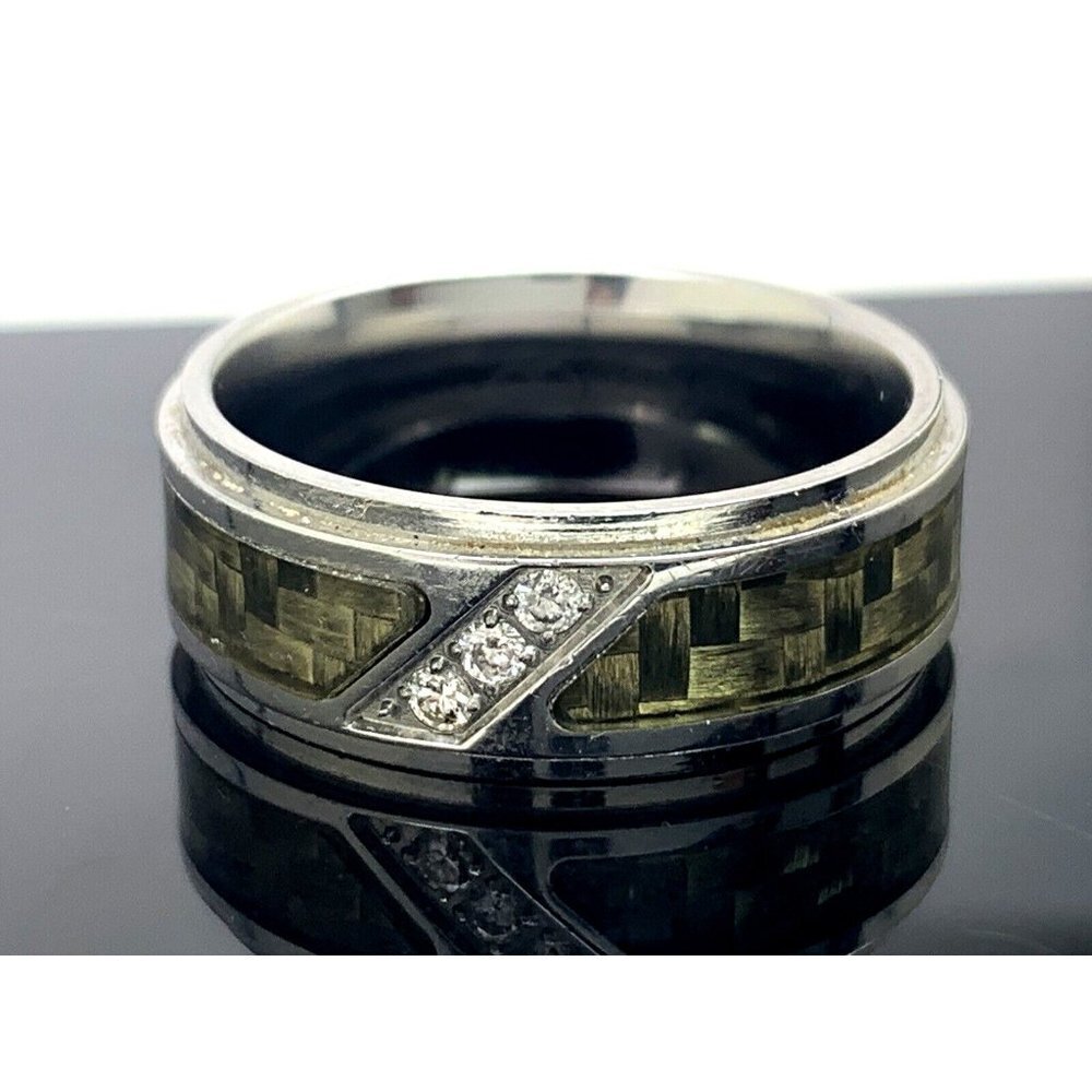 Wedding Band Silver Green Stainless Steel 0.03ctw Diamond Ring Unisex Si…